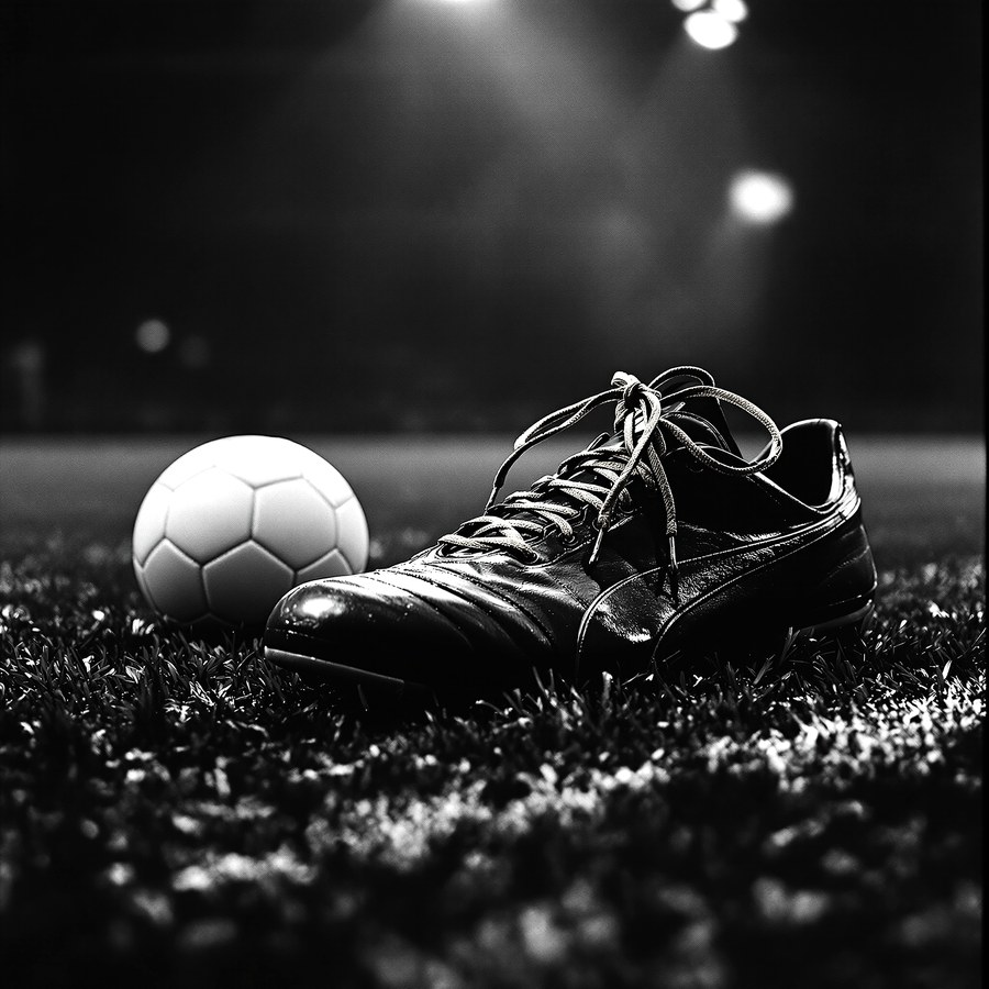 Worn football boot in spotlight