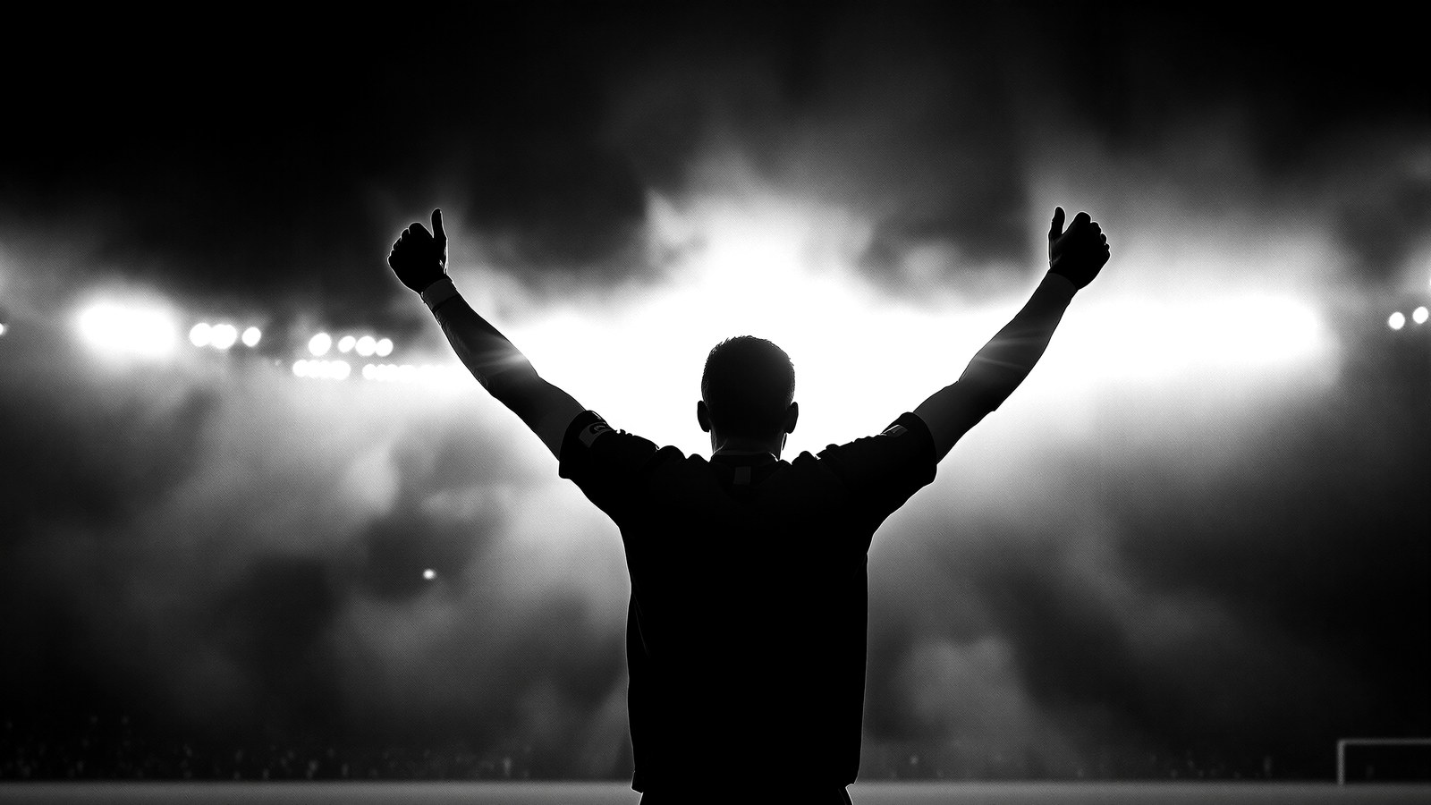 Striker silhouette celebrates under floodlights